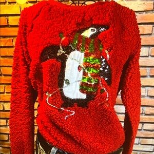 👚 Poof New York Teddy Christmas Sweater — Red with Sequin — Sz Large
